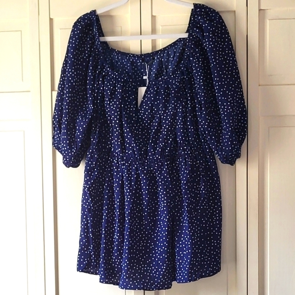 Bloomchic Blue & White Babydoll Deep V Neck Top